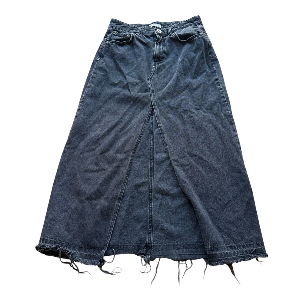 Pull&Bear Women's Black Denim Maxi Skirt Frayed Hem A-Line Size M US 4 EU M
